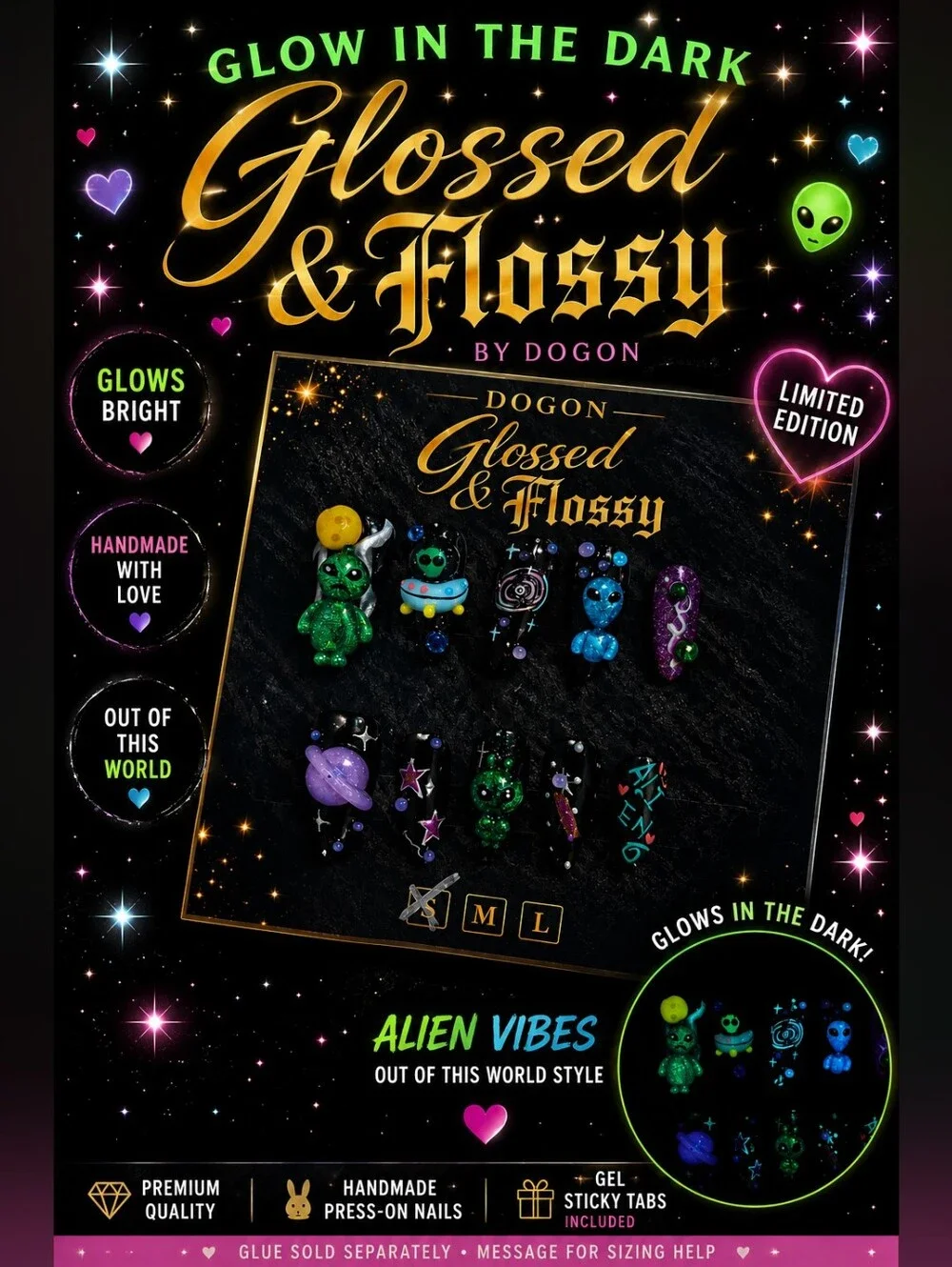 👽 Glow in the Dark Alien Press-On Nails | Handmade 3D Space Nails
